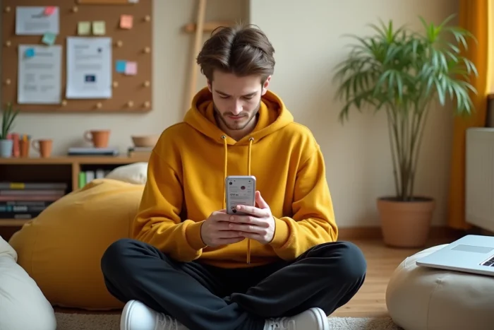Jeune créatif consultant les actualités et tendances du web sur smartphone dans un studio de design décontracté