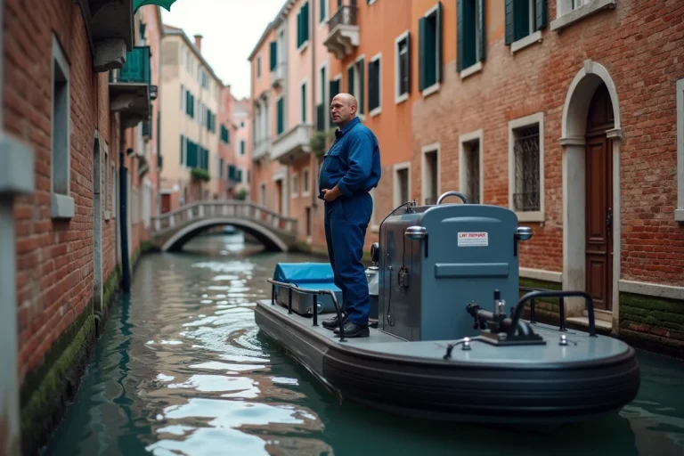 Agent municipal en overalls bleus inspectant un bateau de maintenance à Venise
