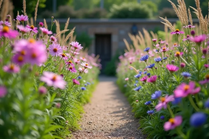 Allée de jardin sauvage bordée de fleurs colorées comme cosmos, échinacée et bourrache avec un chemin en gravier