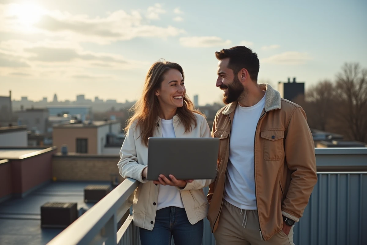 Deux amis regardant un match de basketball sur un balcon urbain