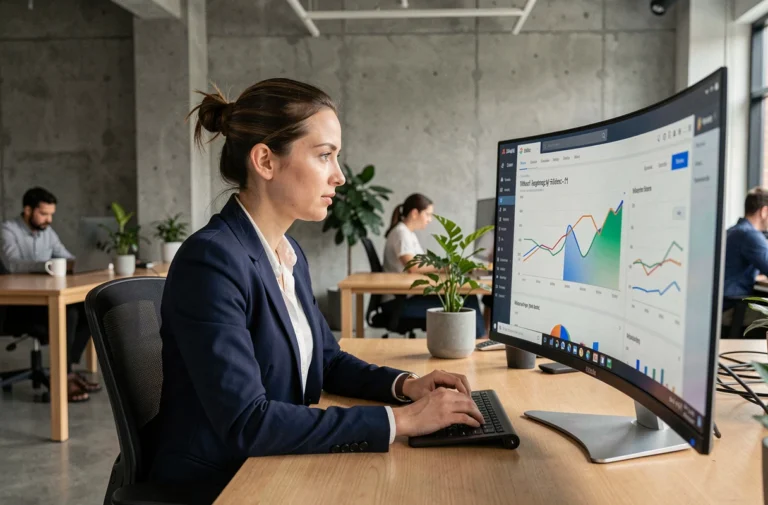 Professionnelle analysant des données de webmarketing sur un écran d'ordinateur dans un bureau moderne pour booster la visibilité en ligne de son entreprise