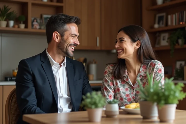 Homme souriant en blazer marine partageant un moment complice avec sa compagne à une table en bois dans un intérieur chaleureux et familial