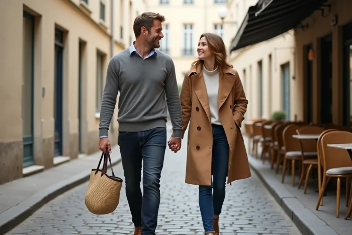 Couple décontracté se promenant sur une rue pavée d'une ville française, homme en pull gris et femme en manteau camel dans une ambiance de week-end paisible