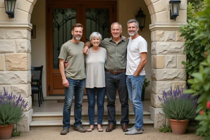 Portrait de famille authentique devant une maison en pierre française, homme en chemise lin entouré de membres de sa famille souriants