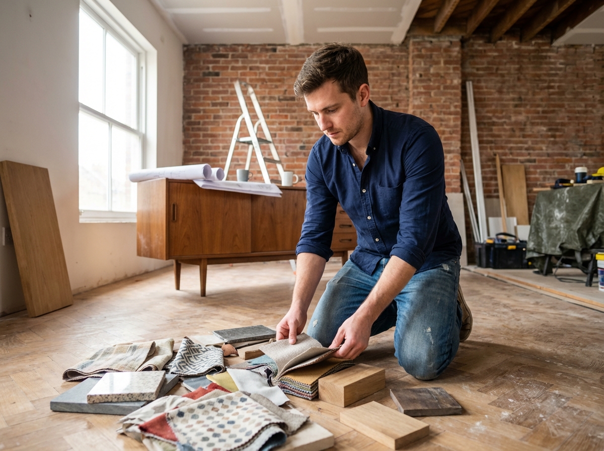 Jeune architecte arrange des échantillons de tissus dans un salon rénové