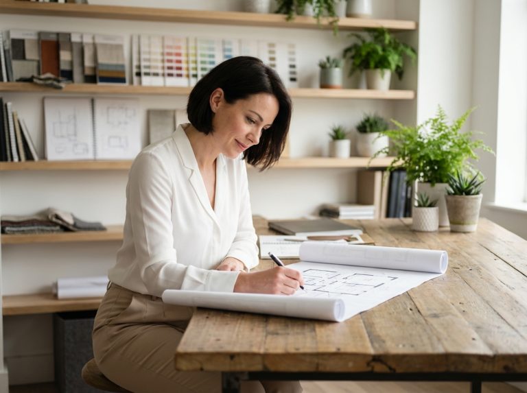 Architecte d'intérieur femme examine des plans dans un bureau moderne