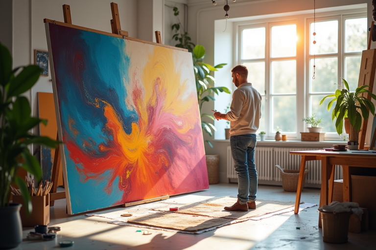 Artiste contemporain dans un studio lumineux peignant une grande œuvre abstraite