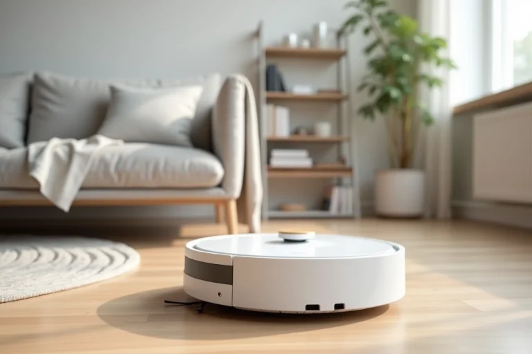 Aspirateur robot blanc sur parquet en chêne dans un salon minimaliste scandinave
