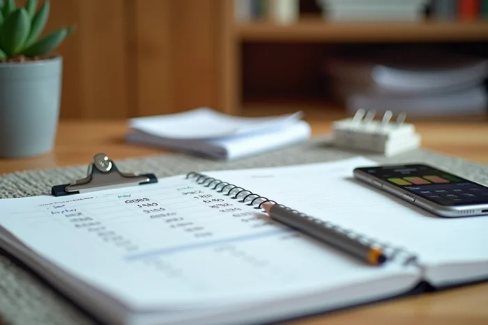 Bureau de travail avec livre de comptes et smartphone pour le suivi du solde moyen d'un compte courant associé