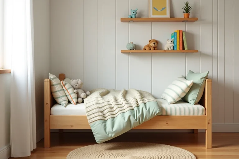 Chambre d'enfant chaleureuse avec lit en bois naturel, literie en coton rayé pastel et étagères décoratives en bois blanc