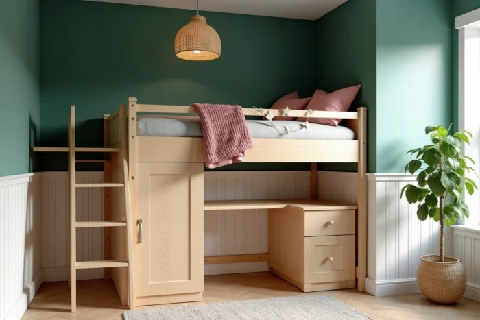 Chambre d'enfant tendance avec lit mezzanine en bouleau, mur vert forêt, guirlande étoiles et plante verte