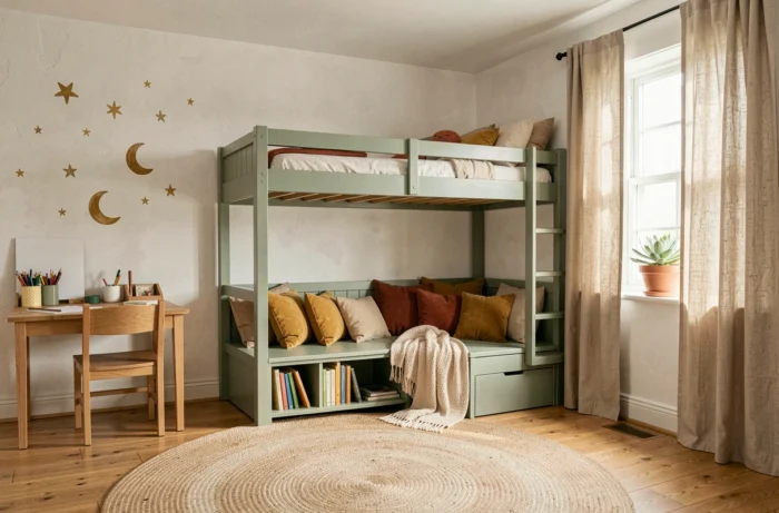 Chambre d'enfant aménagée avec un lit mezzanine en bois vert sauge, un coin lecture douillet et une décoration murale avec étoiles et lunes