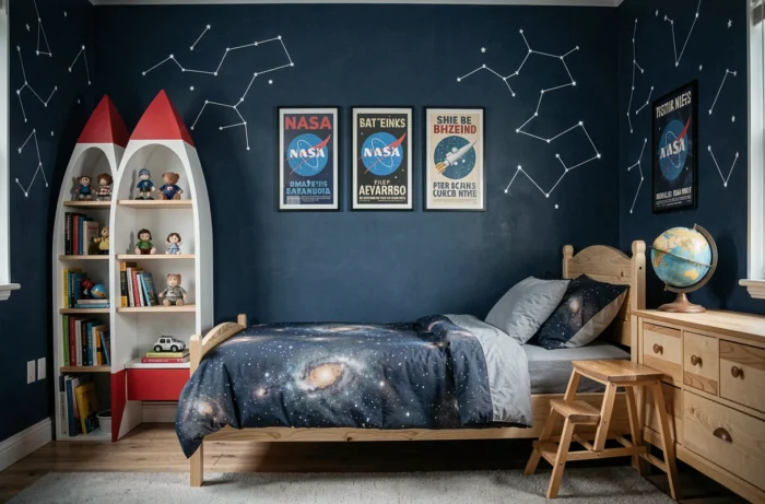 Chambre d'enfant sur le thème de l'espace avec des murs bleu marine, une étagère en forme de fusée et une décoration de constellations