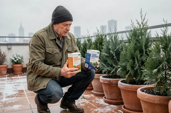 Homme comparant deux boîtes d'engrais hivernal pour plantes en pots sur une terrasse urbaine givrée