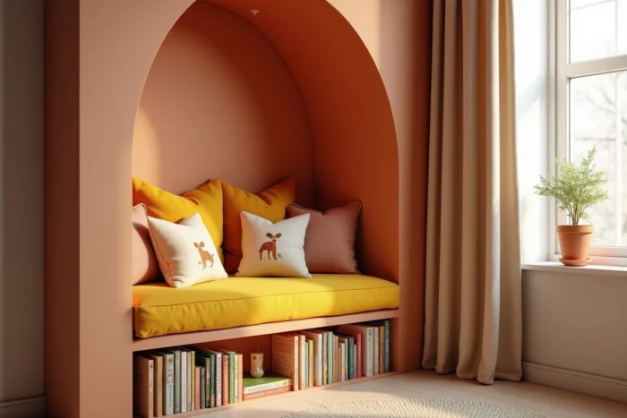 Coin lecture douillet dans une chambre d'enfant avec alcôve terracotta, coussins velours moutarde et livres colorés