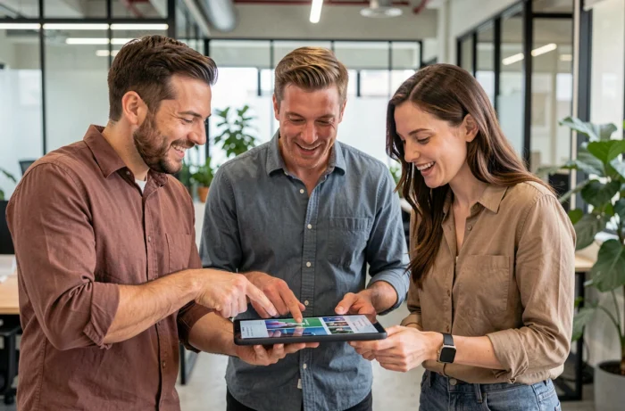 Groupe de collègues découvrant ensemble les nouveautés d'un blog sur une tablette dans un bureau moderne