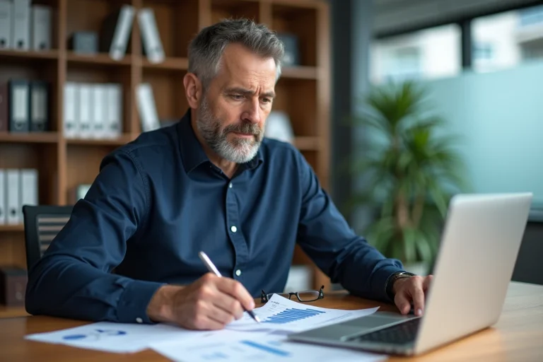 Comptable masculin analysant des relevés financiers pour le calcul du solde moyen d'un compte courant associé