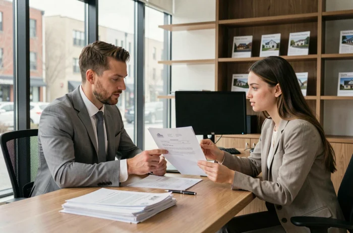 Conseiller immobilier et locataire examinant un contrat de location dans une agence professionnelle