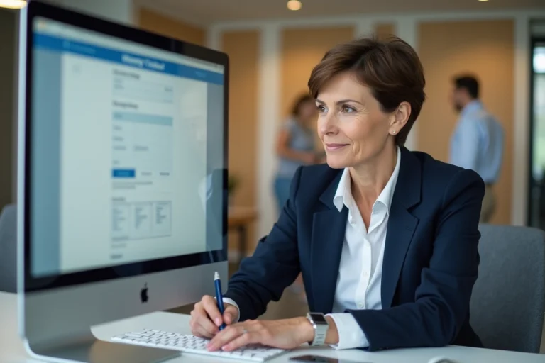 Conseillère France Travail en train de saisir des critères de recherche d'emploi sur un ordinateur dans une agence moderne en 2026