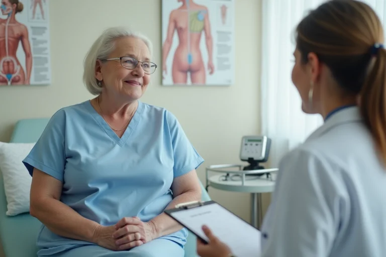 Consultation médicale gynécologique : patiente discutant de symptômes urinaires avec son médecin