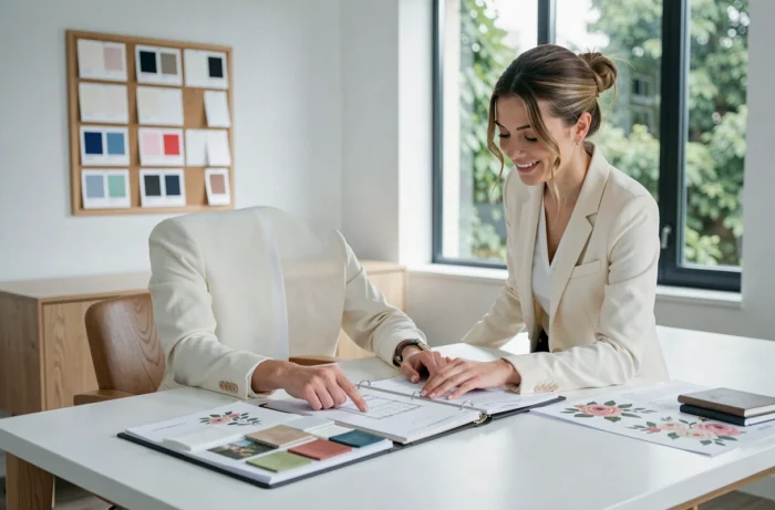 Coordinatrice de mariage présentant des échantillons de tissus et le portfolio de services d'Univers Mariage lors d'une consultation