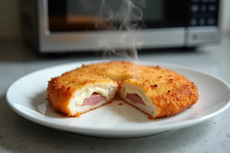 Cordon bleu doré dans une assiette blanche avec fromage fondu qui s'écoule, cuit au micro-ondes