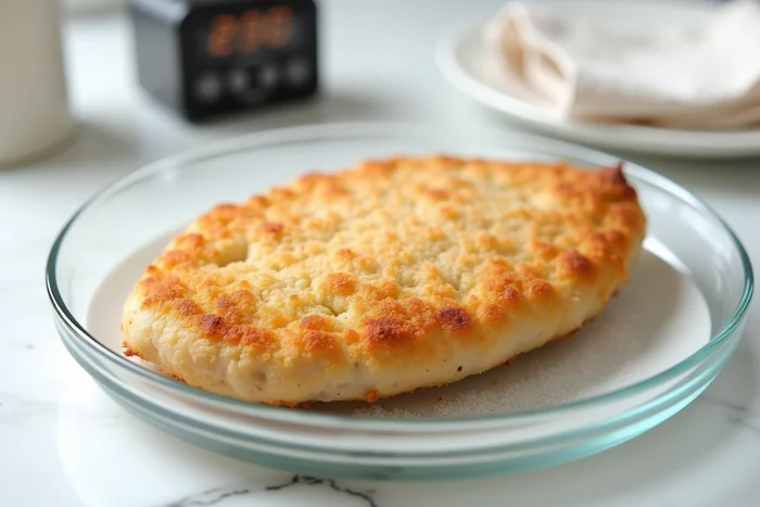Cordon bleu sur un plat en verre allant au micro-ondes avec minuterie sur plan de travail en marbre blanc