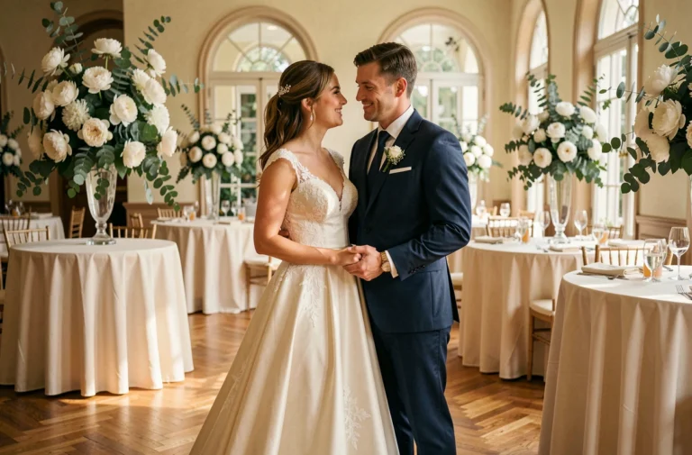 Couple de mariés souriants dans une salle de réception décorée par Univers Mariage avec des compositions florales élégantes