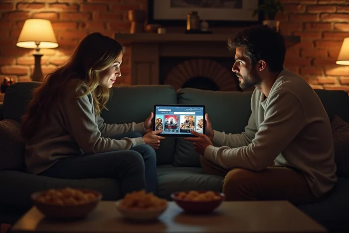 Couple regardant un film en streaming sur une tablette dans un salon cosy avec briques apparentes