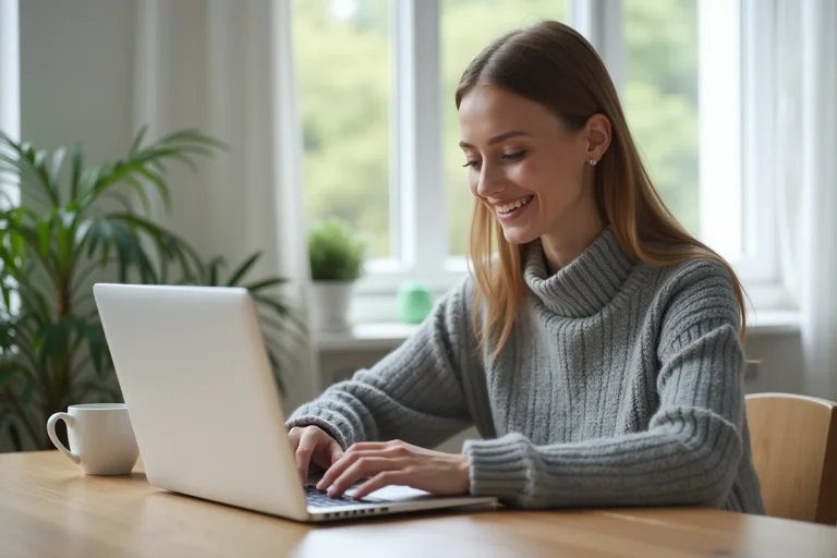 Jeune femme créant un compte en ligne sur un ordinateur portable dans un bureau à domicile moderne