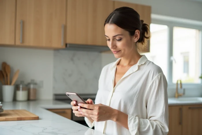 Femme créant un compte sur smartphone debout dans une cuisine moderne et lumineuse