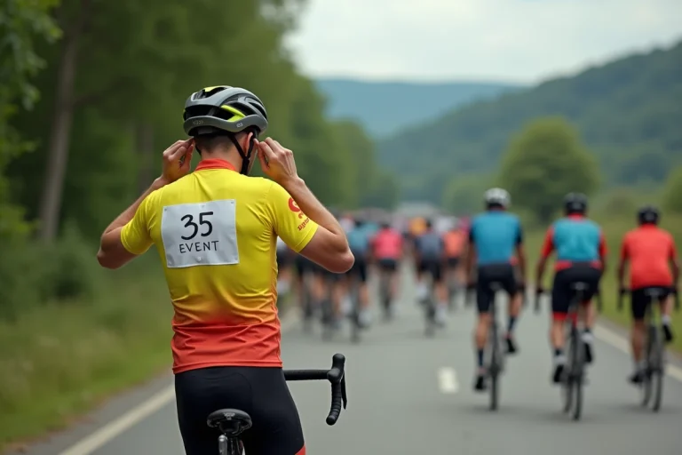 Cycliste amateur ajustant son casque au départ d'une course ouverte sans licence FFC, entouré d'autres participants sur une route rurale