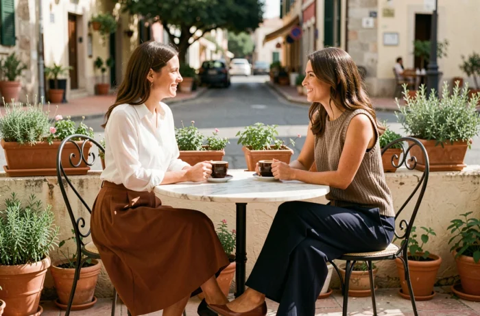 Deux femmes élégamment vêtues discutant en terrasse de café, looks mode automne tendances saison