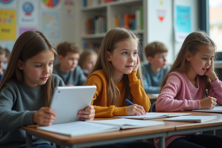 Groupe d'élèves de collège utilisant des tablettes en classe