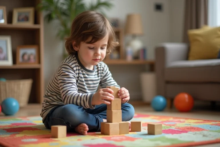 Jeune garçon construit une tour en bois dans un salon chaleureux
