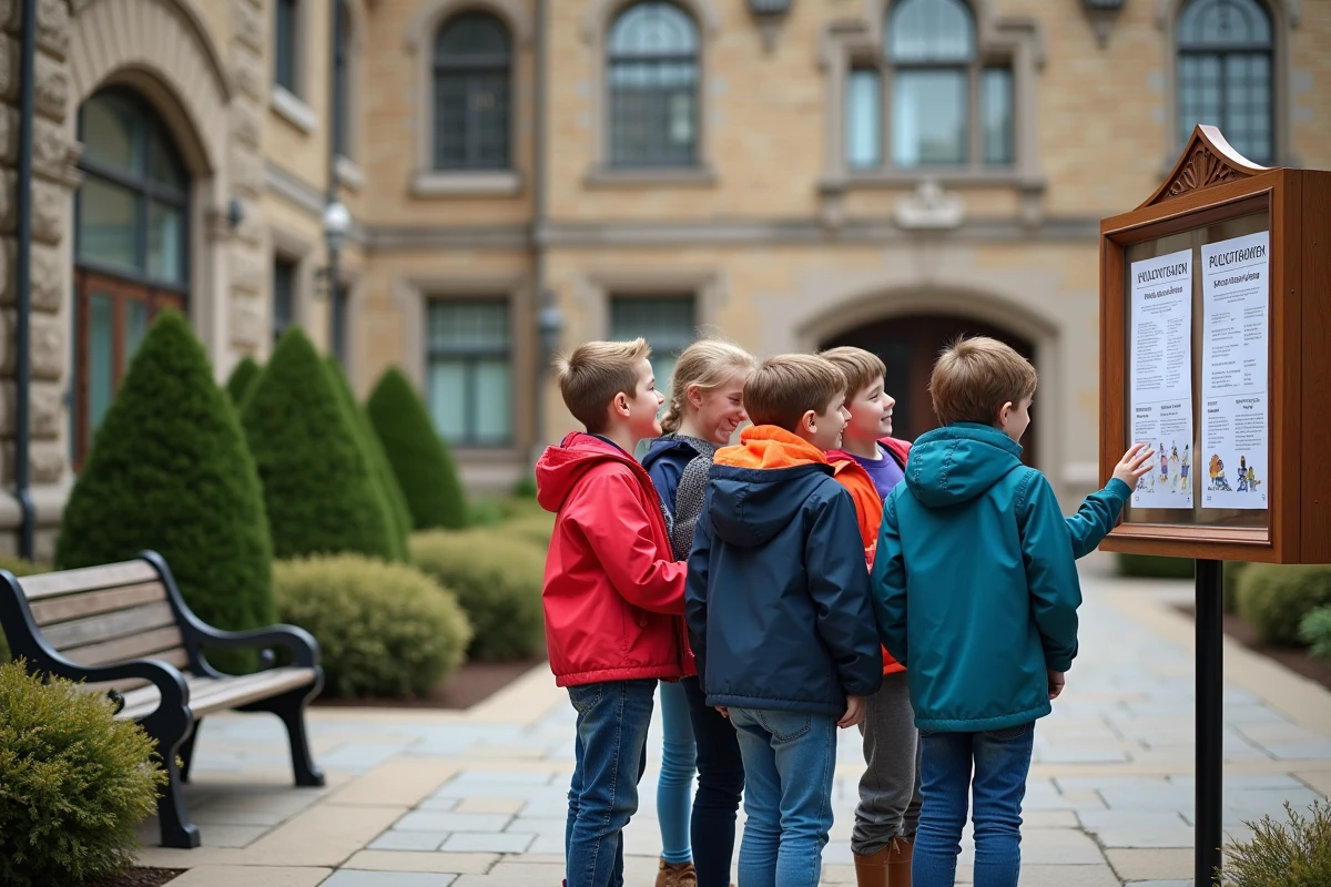 Enfants regardant annonces de programmes de vacances en plein air