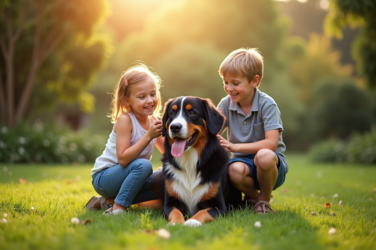 Deux enfants jouent avec un chien de montagne bernois dans le jardin