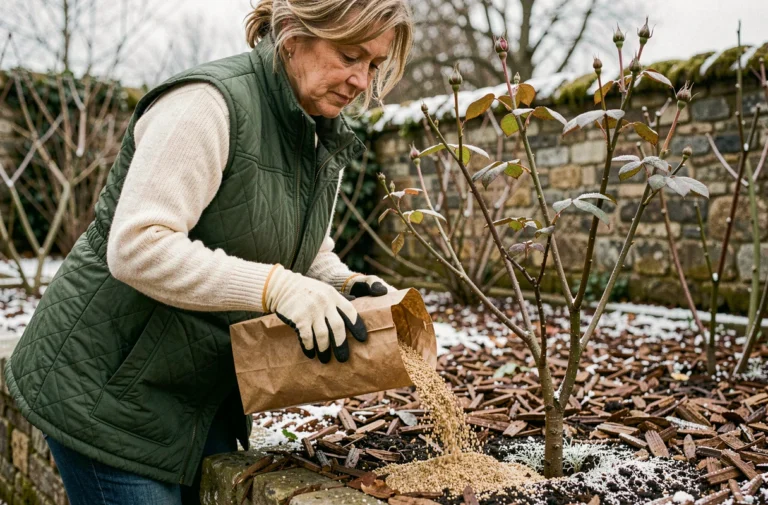 Femme jardant épandant de l'engrais granulé hivernal sur un rosier dormant dans un jardin givré en automne