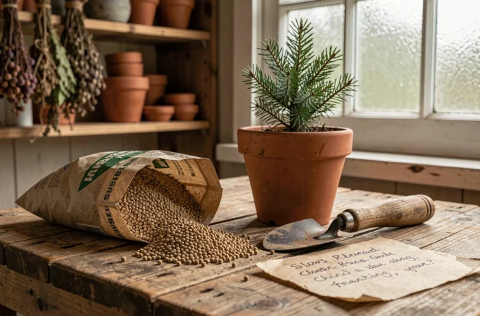 Gros plan sur un sac d'engrais à libération lente pour l'hiver, une truelle et un jeune conifère en pot sur un établi de jardinage rustique