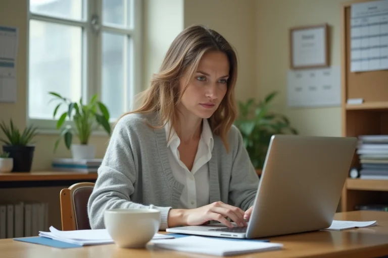Enseignante cherchant à résoudre un problème de connexion au webmail académique sur son ordinateur portable dans une salle des professeurs
