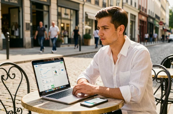 Jeune entrepreneur travaillant sur la visibilité digitale de son entreprise avec un ordinateur portable et un smartphone dans un café en terrasse