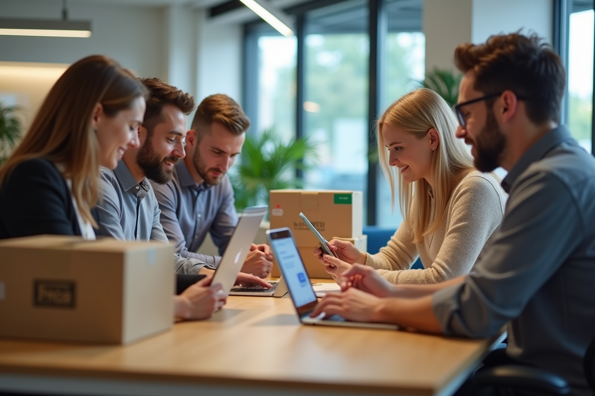 Professionnels coordonnant des livraisons dans un espace de coworking