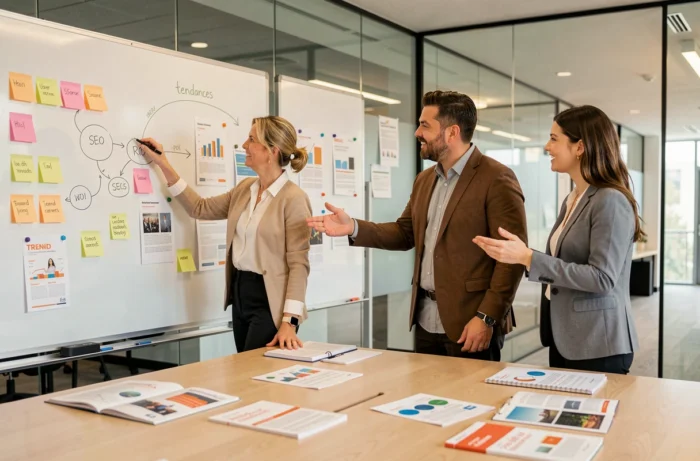 Équipe marketing en réunion collaborant sur des tendances digitales et des stratégies de contenu autour d'un tableau blanc