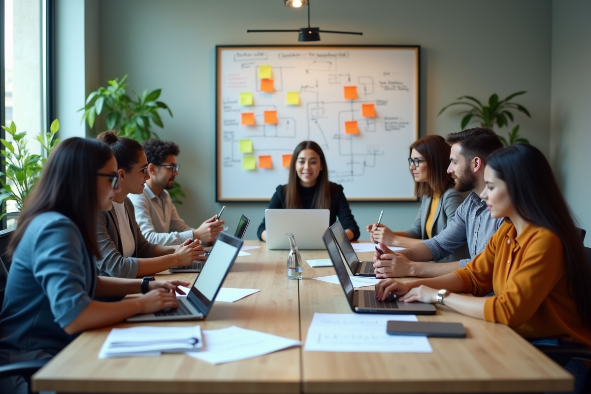 Equipe diverse en réunion avec ordinateurs et tableaux blanc
