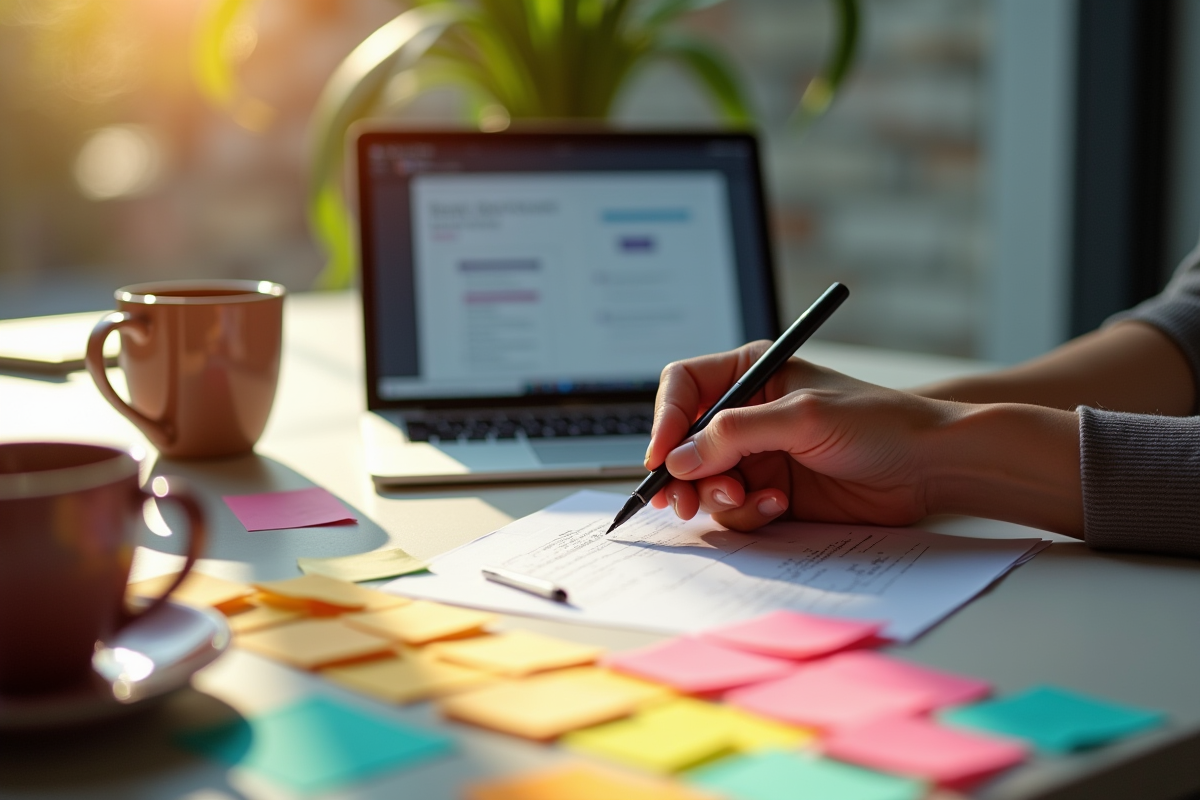 Espace créatif avec notes colorées et évaluation des forces