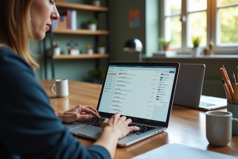 Espace de travail professionnel avec ordinateur portable et bureau organisé