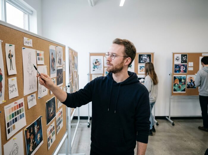 Étudiant en illustration présentant ses planches de personnages lors d'une critique pédagogique dans une école d'art moderne