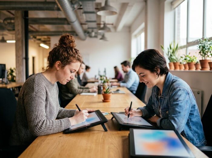 Deux étudiantes en illustration travaillant côte à côte sur tablettes graphiques dans un espace collaboratif d'école d'art
