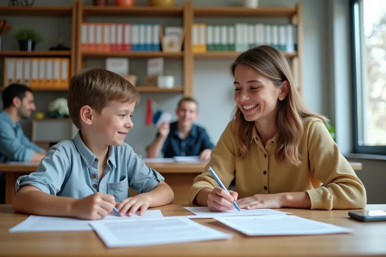Famille remplissant formulaires d'aide aux vacances à la mairie