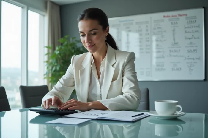 Femme d'affaires utilisant une calculatrice financière pour déterminer le solde moyen d'un compte courant associé en réunion